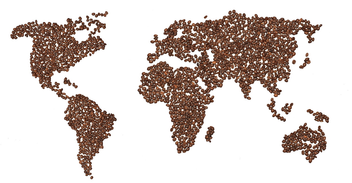 Weltkarte aus gerösteten Kaffeebohnen – die Reise des Kaffees rund um den Globus